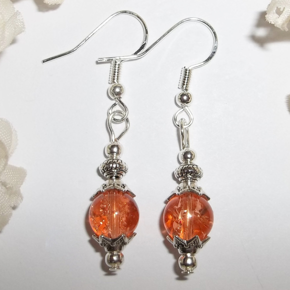 Earring Set Peach Orange Crackled Beaded Dangle Drop Beaded Woman Girl NWT 4598 - Picture 1 of 6